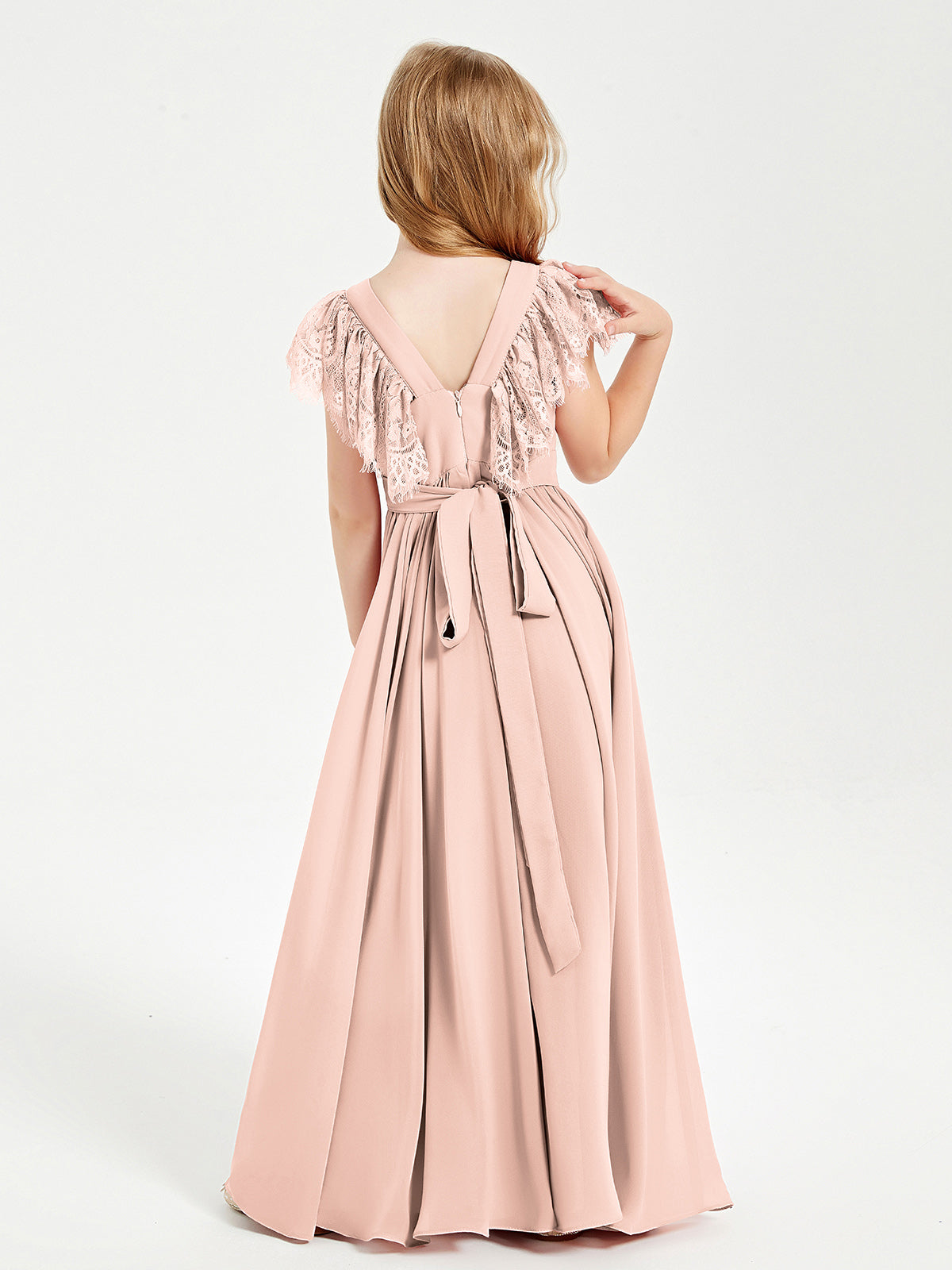 Chiffon Junior Bridesmaid Dresses with Lace Flutter Sleeves Pearl Pink